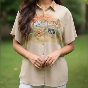 Studio Collection Woman Vintage Beige Safari Embroidered Button-Up Shirt 22W